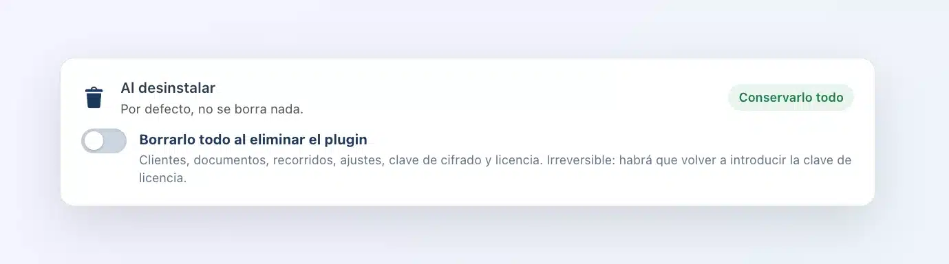 Ajuste «Al desinstalar» de Client Vault: interruptor Borrarlo todo al eliminar el plugin, apagado, etiqueta Conservarlo todo