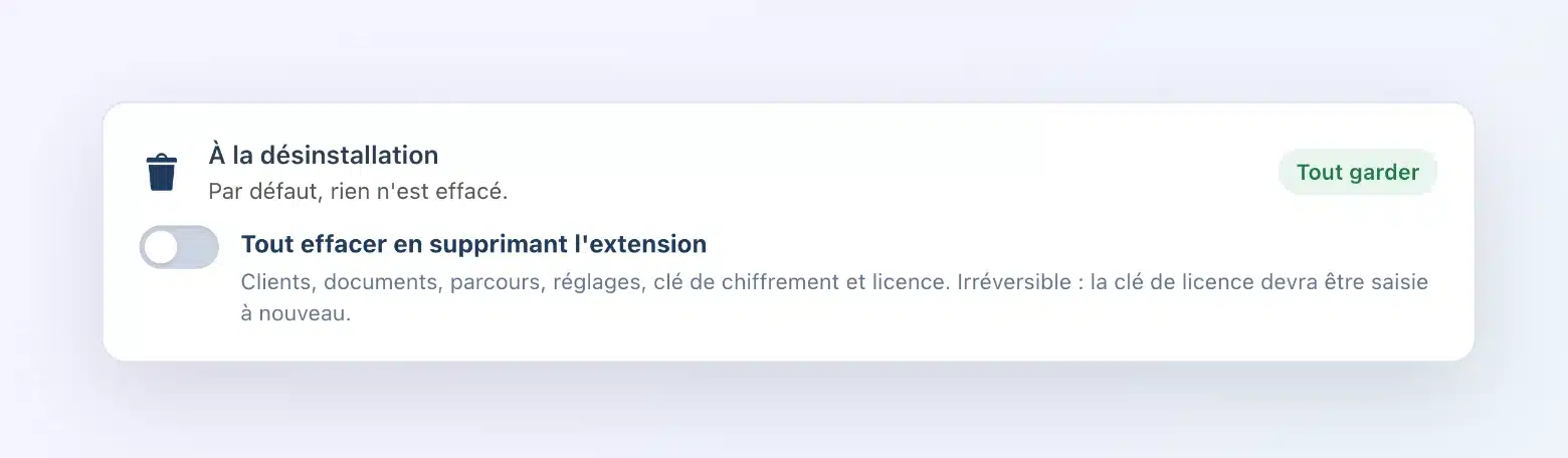 Réglage « À la désinstallation » de Client Vault : interrupteur Tout effacer en supprimant l’extension, éteint, badge Tout garder