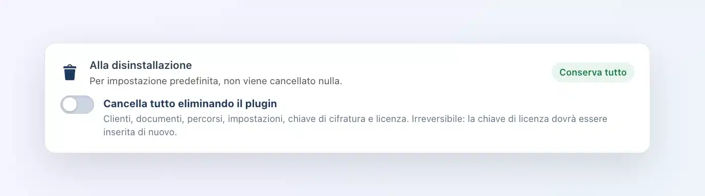 Impostazione «Alla disinstallazione» di Client Vault: interruttore Cancella tutto eliminando il plugin, spento, etichetta Conserva tutto