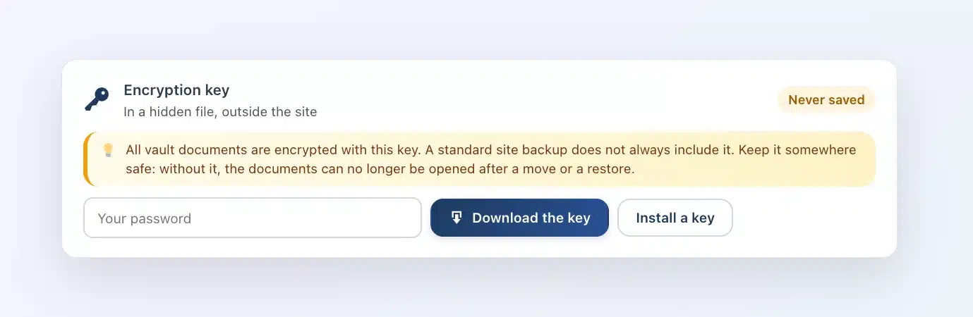 Client Vault “Encryption key” card: key location, backup status, password field, Download the key and Install a key buttons