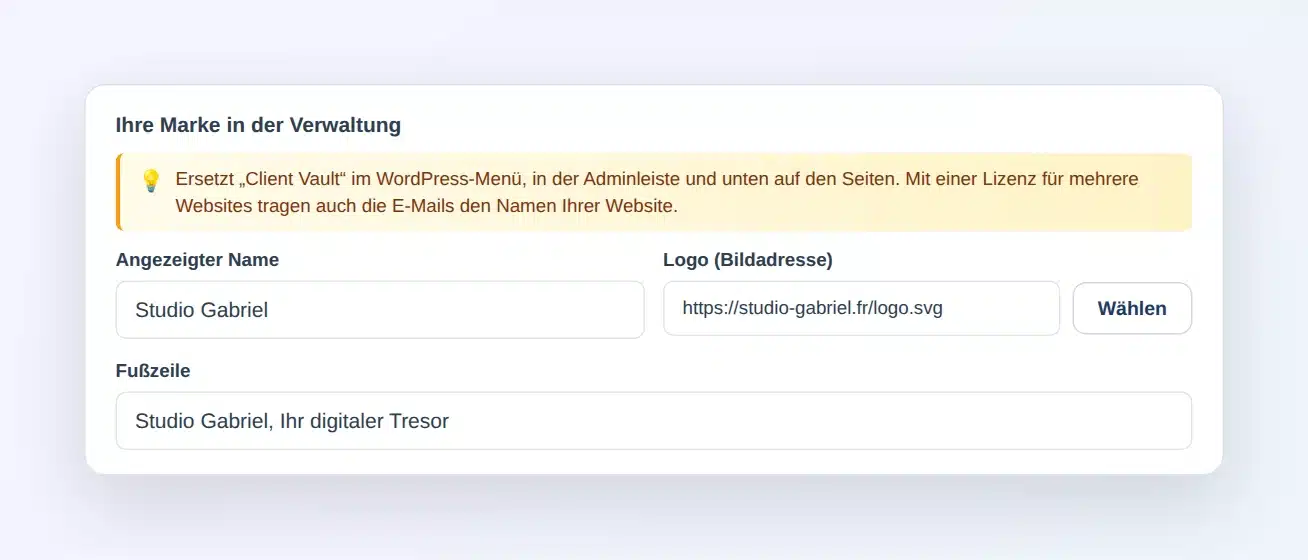 Client-Vault-Einstellungen, Reiter Erscheinung: Karte „Ihre Marke in der Verwaltung“ mit dem angezeigten Namen Studio Gabriel, der Logo-Adresse und dem Fußzeilentext
