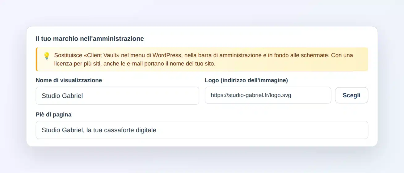 Impostazioni di Client Vault, scheda Aspetto: riquadro «Il tuo marchio nell’amministrazione» con il nome visualizzato Studio Gabriel, l’indirizzo del logo e il testo del piè di pagina