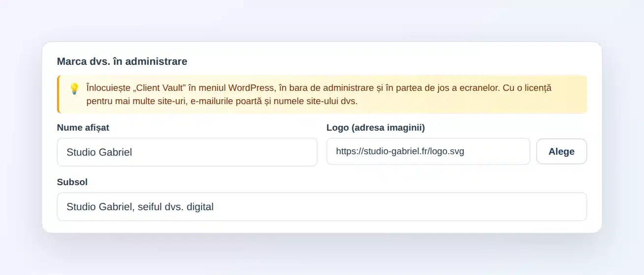 Setările Client Vault, fila Aspect: cardul „Marca dvs. în administrare” cu numele afișat Studio Gabriel, adresa logoului și textul din subsol