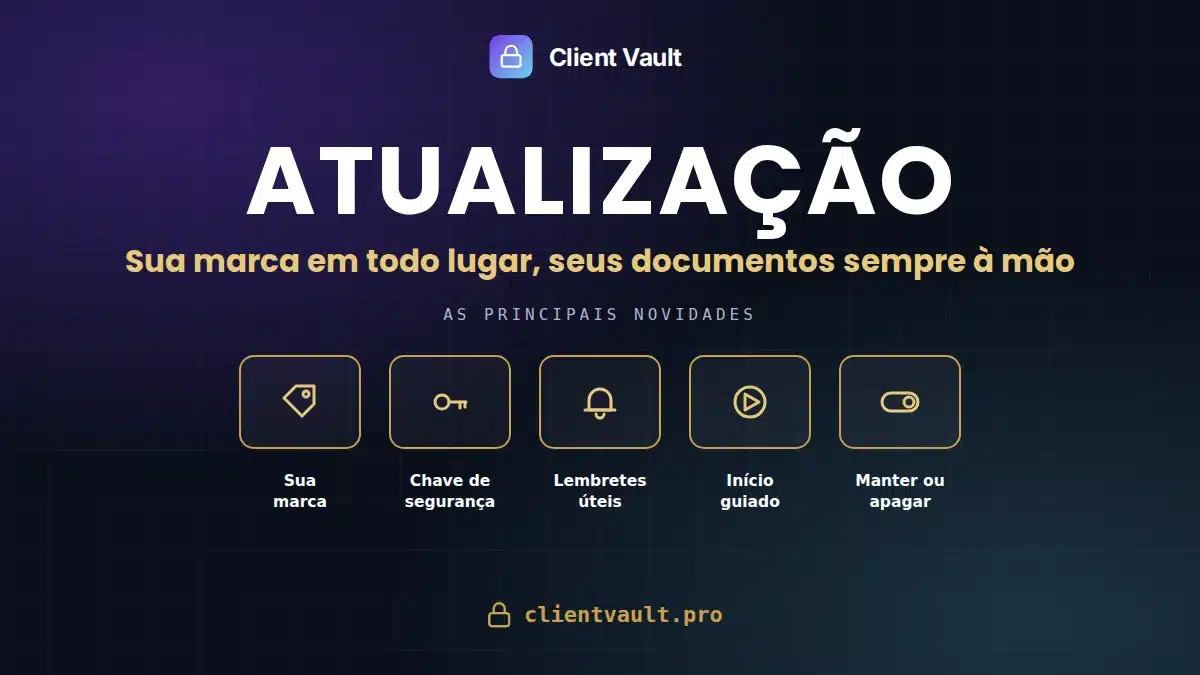 Atualização Client Vault 20.36: sua marca, chave de segurança, lembretes úteis, início guiado, manter ou apagar