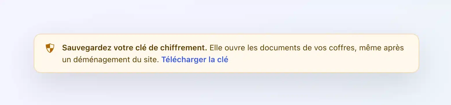 Message de Client Vault « Sauvegardez votre clé de chiffrement » avec le lien Télécharger la clé