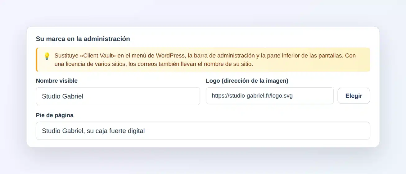 Ajustes de Client Vault, pestaña Apariencia: tarjeta «Su marca en la administración» con el nombre visible Studio Gabriel, la dirección del logo y el texto del pie de página