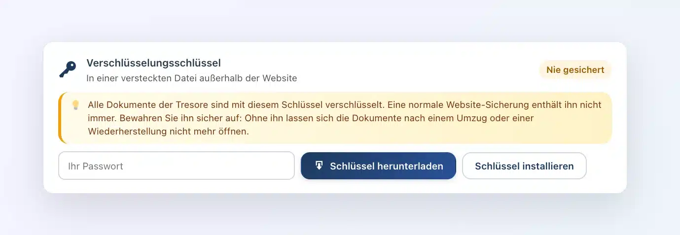 Karte „Verschlüsselungsschlüssel“ in Client Vault: Speicherort des Schlüssels, Sicherungsstatus, Passwortfeld, Schaltflächen Schlüssel herunterladen und Schlüssel installieren
