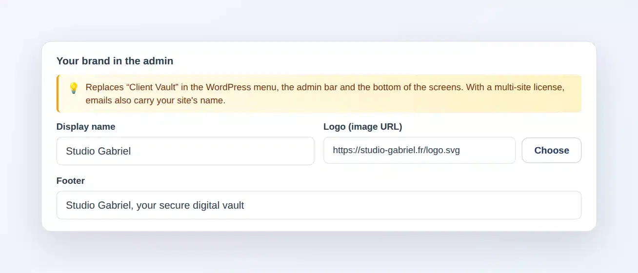 Client Vault settings, Appearance tab: “Your brand in the admin” card with the display name Studio Gabriel, the logo address and the footer text