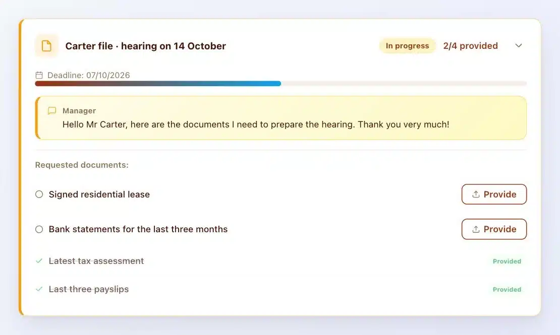 Client Vault seen by the client: list of requested documents, deadline, message from the lawyer, two documents provided and two still to upload