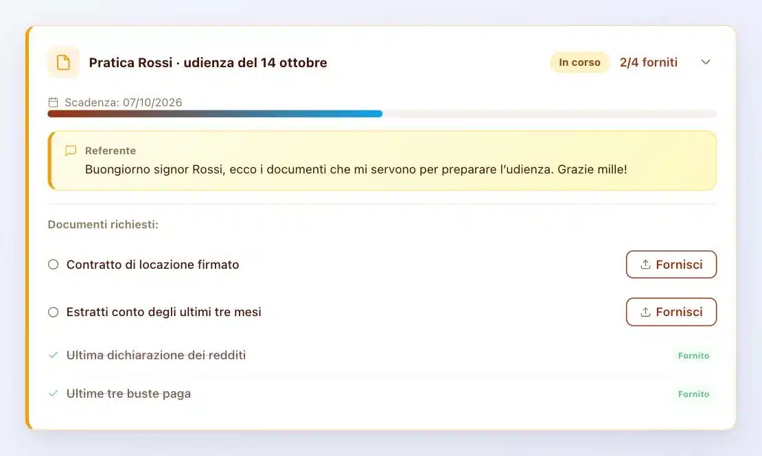 Cassaforte Client Vault vista dal cliente: elenco dei documenti richiesti, scadenza, messaggio dell’avvocato, due documenti forniti e due da caricare