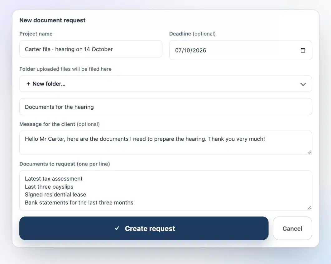 Document request form in Client Vault: project name, deadline, filing folder, message to the client and list of documents