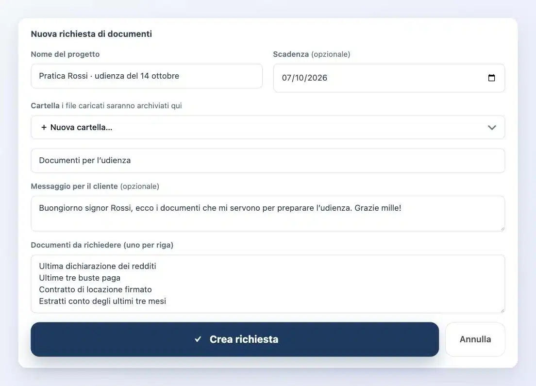 Richiesta di documenti in Client Vault: nome della pratica, scadenza, cartella di archiviazione, messaggio al cliente ed elenco dei documenti