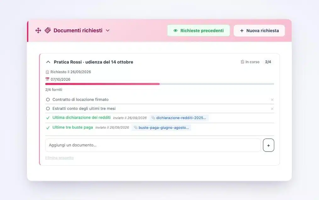 Richiesta di documenti in Client Vault vista dallo studio: due documenti ricevuti con la data di invio, due ancora attesi, avanzamento 2 su 4