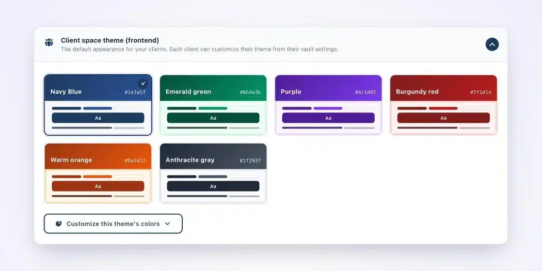 Client Vault appearance settings: six color themes for the client space, from navy blue to anthracite gray, and a button to customize the colors