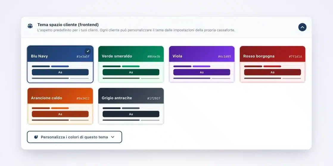 Impostazioni di aspetto di Client Vault: sei temi di colore per lo spazio cliente, dal blu navy al grigio antracite, e un pulsante per personalizzare i colori