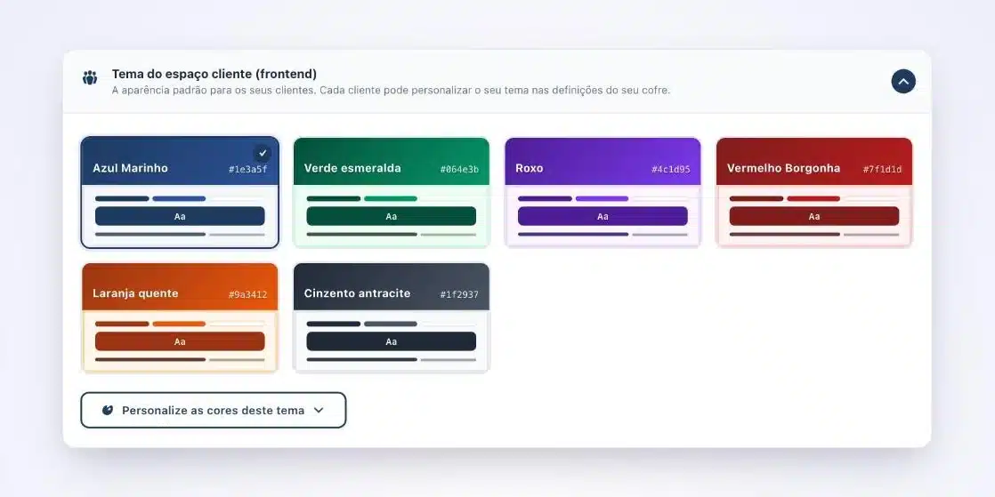 Definições de aparência do Client Vault: seis temas de cores para o espaço do cliente, do azul-marinho ao cinzento antracite, e um botão para personalizar as cores