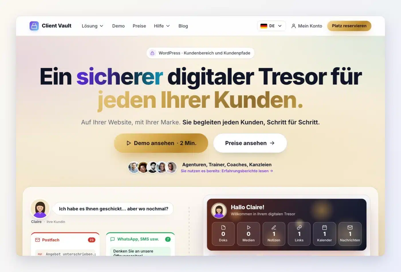 Neue Startseite von clientvault.pro: vereinfachtes Menü, Titel „Ein sicherer digitaler Tresor für jeden Ihrer Kunden.“ und die Buttons Demo ansehen und Preise ansehen