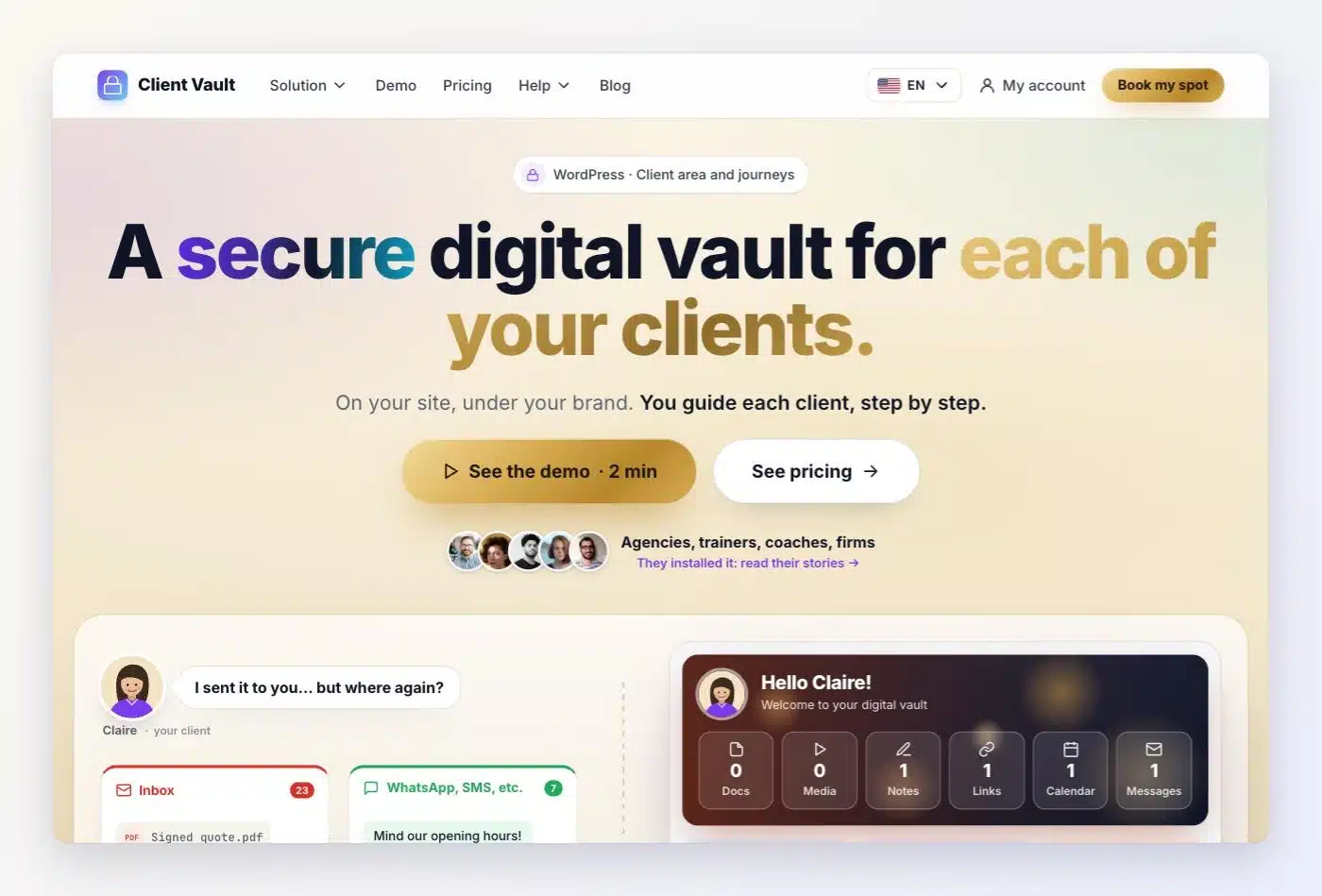 New clientvault.pro home page: simplified menu, the title “A secure digital vault for each of your clients.” and the buttons See the demo and See pricing