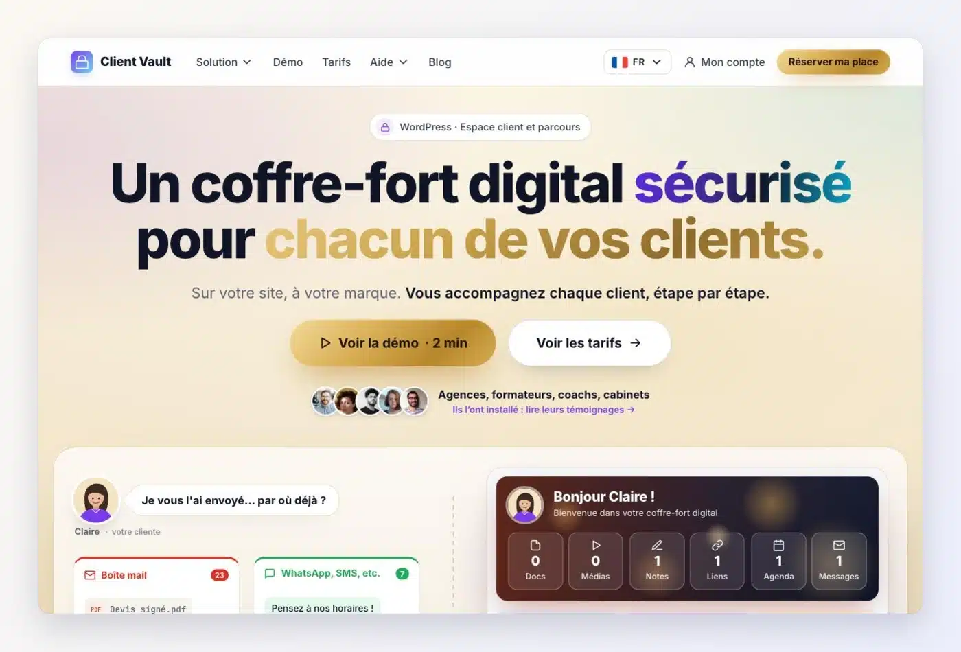 Nouvelle page d’accueil de clientvault.pro : menu simplifié, titre « Un coffre-fort digital sécurisé pour chacun de vos clients » et boutons Voir la démo et Voir les tarifs