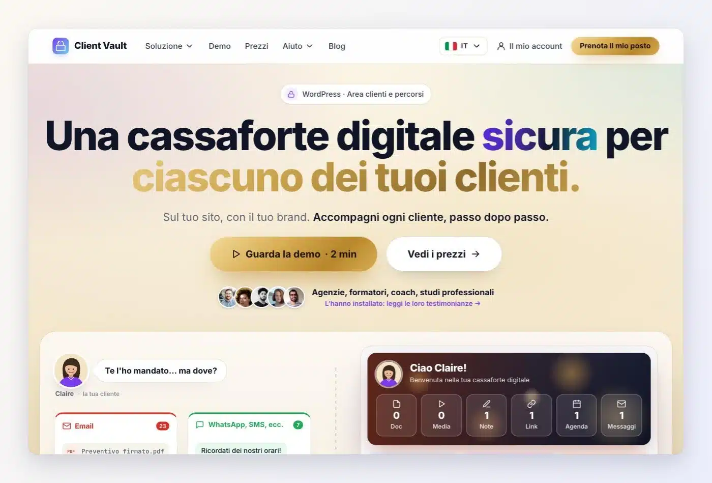 Nuova home page di clientvault.pro: menu semplificato, titolo « Una cassaforte digitale sicura per ciascuno dei tuoi clienti. » e pulsanti Guarda la demo e Vedi i prezzi