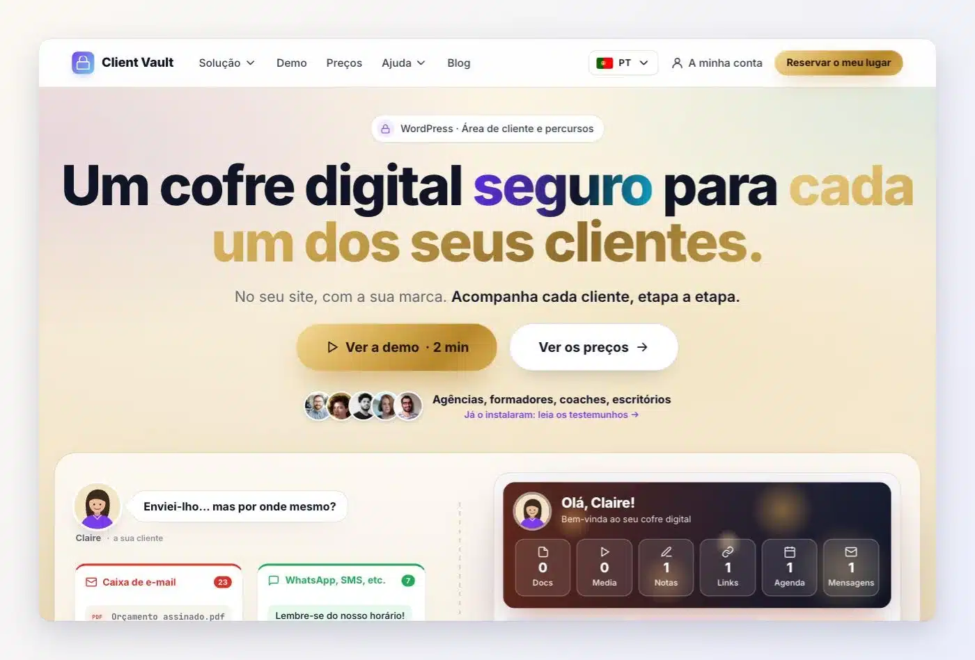 Nova página inicial de clientvault.pro: menu simplificado, título « Um cofre digital seguro para cada um dos seus clientes. » e botões Ver a demo e Ver os preços