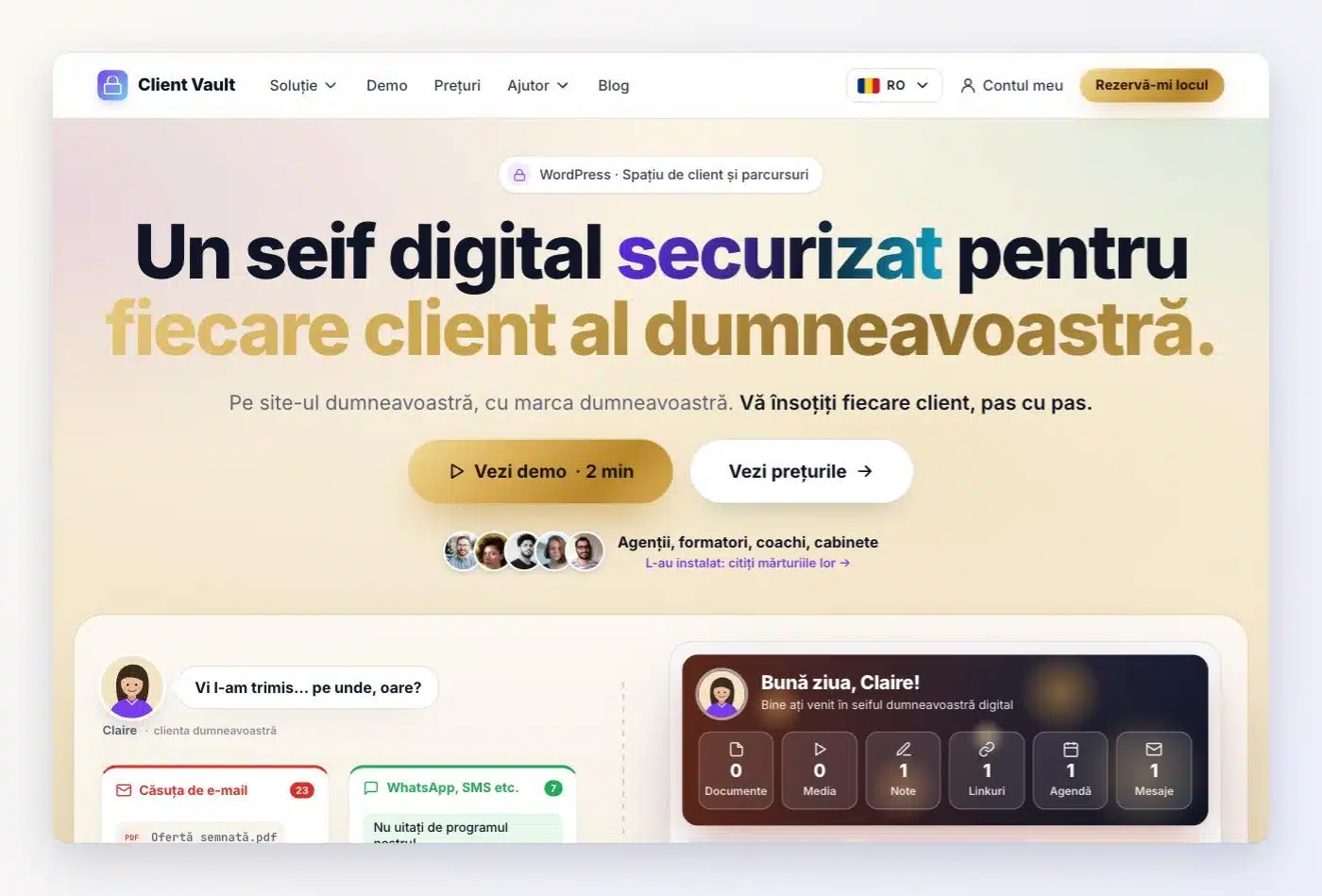 Noua pagină de start clientvault.pro: meniu simplificat, titlul „Un seif digital securizat pentru fiecare client al dumneavoastră.” și butoanele Vezi demo și Vezi prețurile