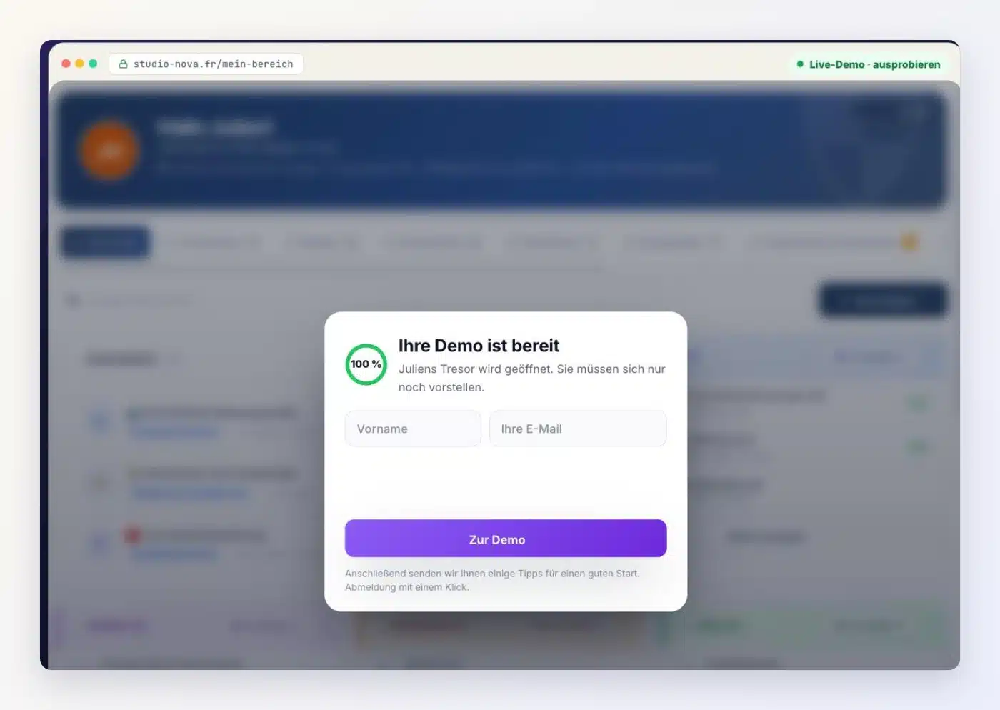 Fenster „Ihre Demo ist bereit“ vor dem Demo-Tresor: Felder Vorname und E-Mail, Button Zur Demo