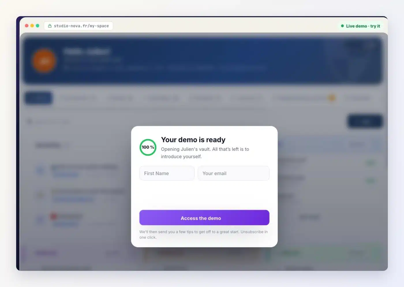 “Your demo is ready” window in front of the demo vault: First name and email fields, Access the demo button