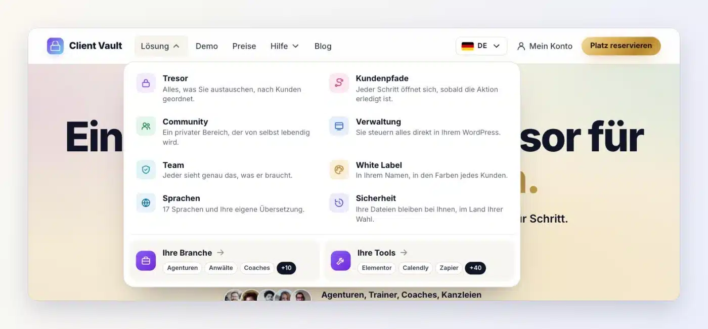 Menü Lösung der neuen Client-Vault-Website: Tresor, Kundenpfade, Community, Verwaltung, Team, White Label, Sprachen und Sicherheit, jeweils mit einer kurzen Beschreibung