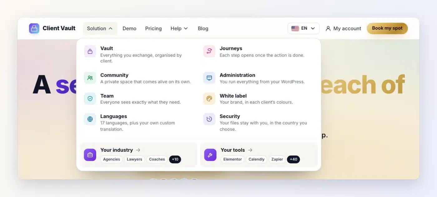 Solution menu of the new Client Vault website: Vault, Journeys, Community, Administration, Team, White label, Languages and Security, each with a short description
