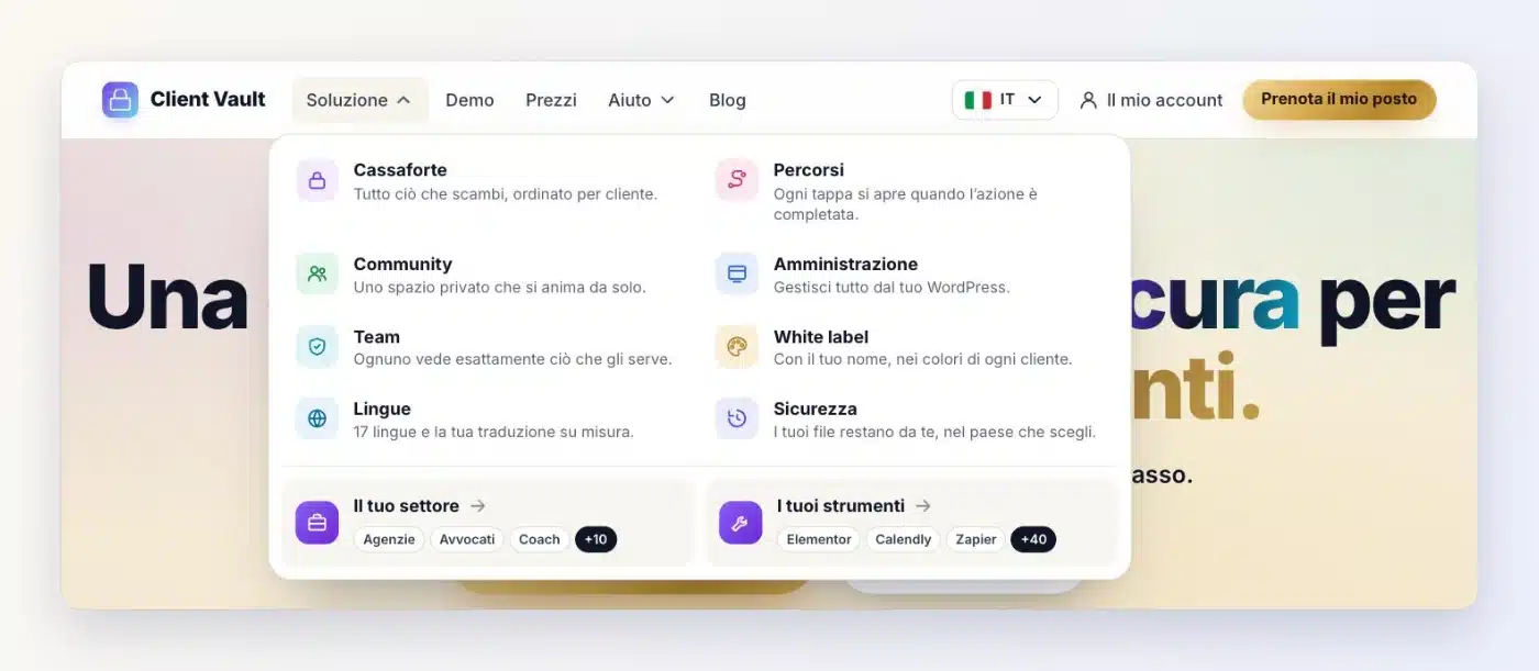Menu Soluzione del nuovo sito Client Vault: Cassaforte, Percorsi, Community, Amministrazione, Team, White label, Lingue e Sicurezza, ciascuno con una breve descrizione