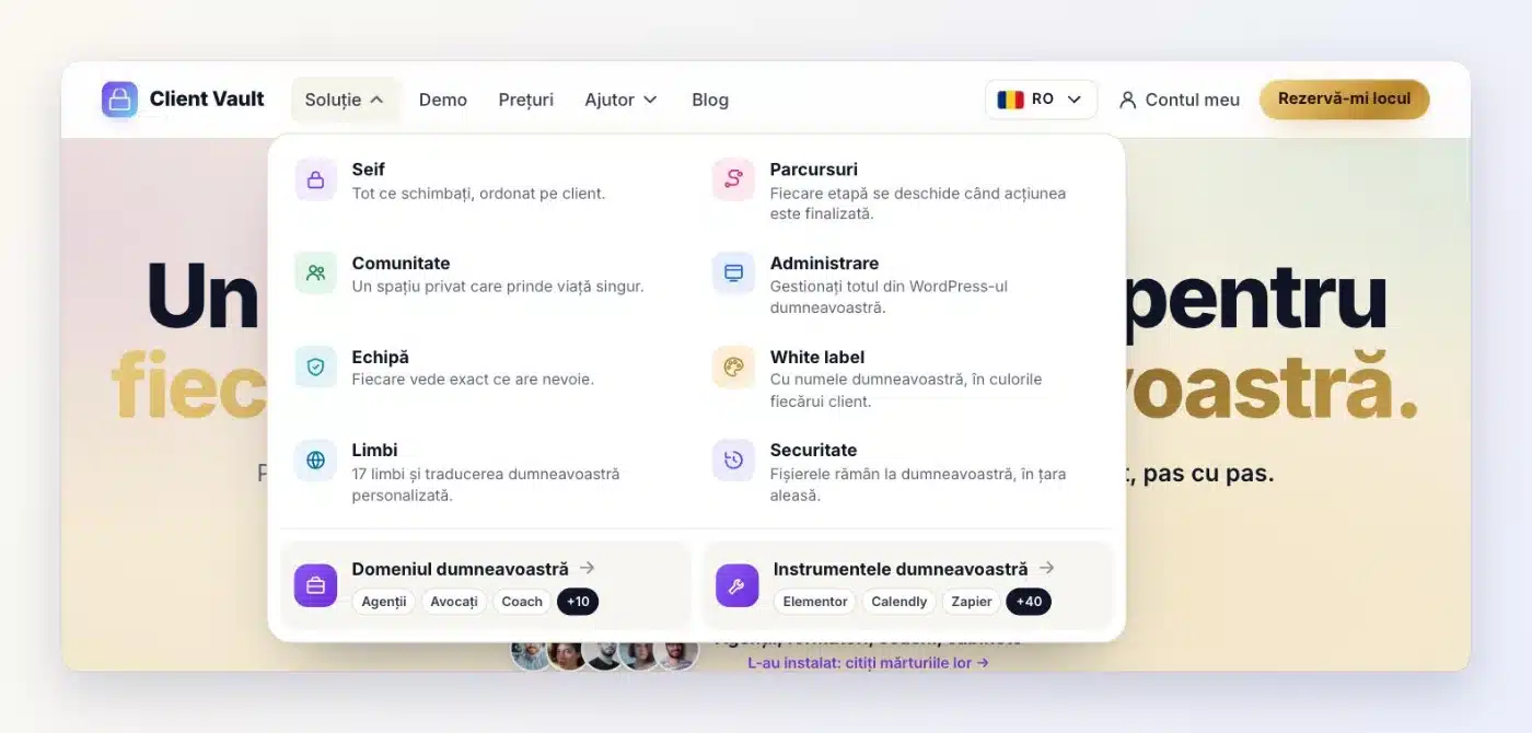 Meniul Soluție al noului site Client Vault: Seif, Parcursuri, Comunitate, Administrare, Echipă, White label, Limbi și Securitate, fiecare cu o scurtă descriere