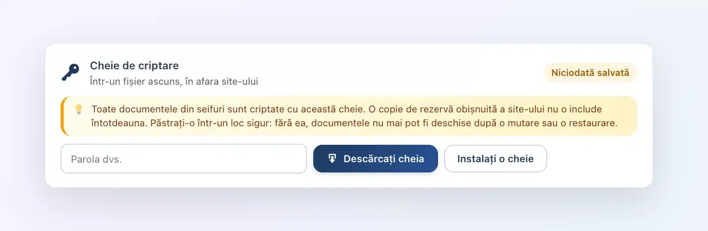 Cardul „Cheie de criptare” din Client Vault: locul cheii, starea salvării, câmpul pentru parolă, butoanele Descărcați cheia și Instalați o cheie