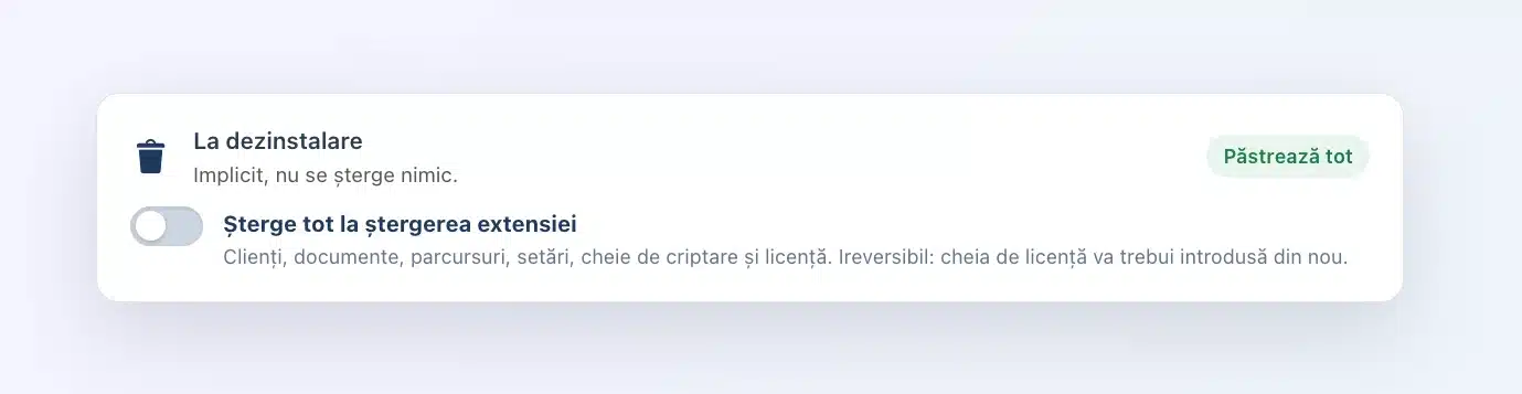 Setarea „La dezinstalare” din Client Vault: comutatorul Șterge tot la ștergerea extensiei, oprit, eticheta Păstrează tot