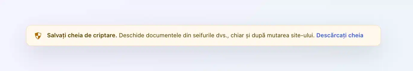 Mesajul Client Vault „Salvați cheia de criptare.” cu linkul Descărcați cheia