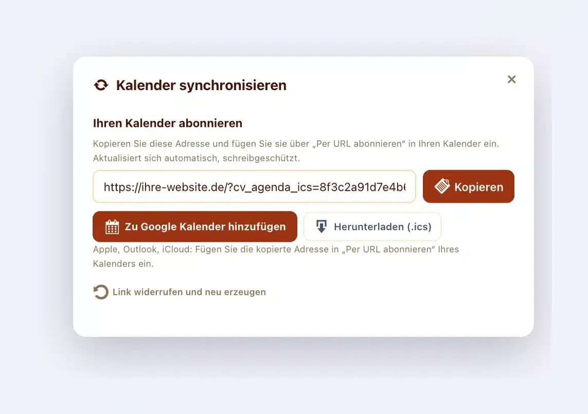 Fenster „Kalender synchronisieren“ im sicheren digitalen Tresor des Kunden: Abonnement-Adresse, Schaltflächen „Kopieren“, „Zu Google Kalender hinzufügen“ und „Herunterladen (.ics)“