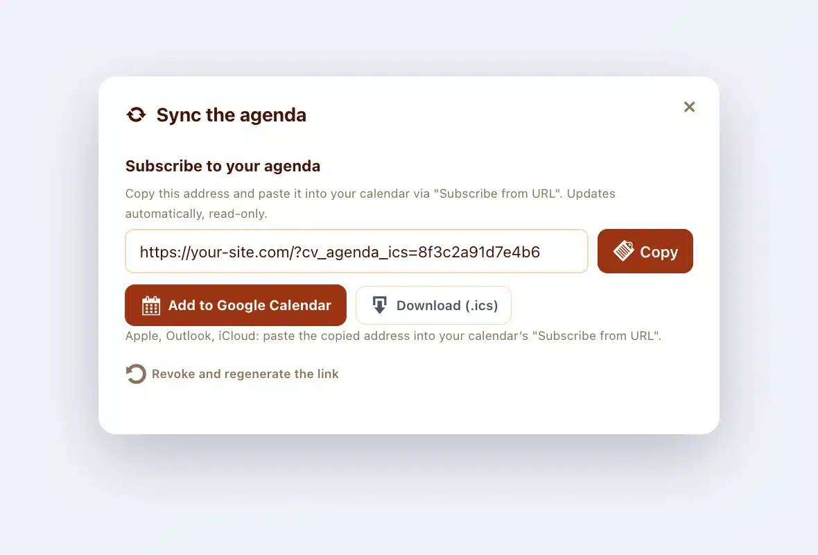“Sync the agenda” dialog in the client’s secure digital vault: subscription address, Copy, Add to Google Calendar and Download (.ics) buttons