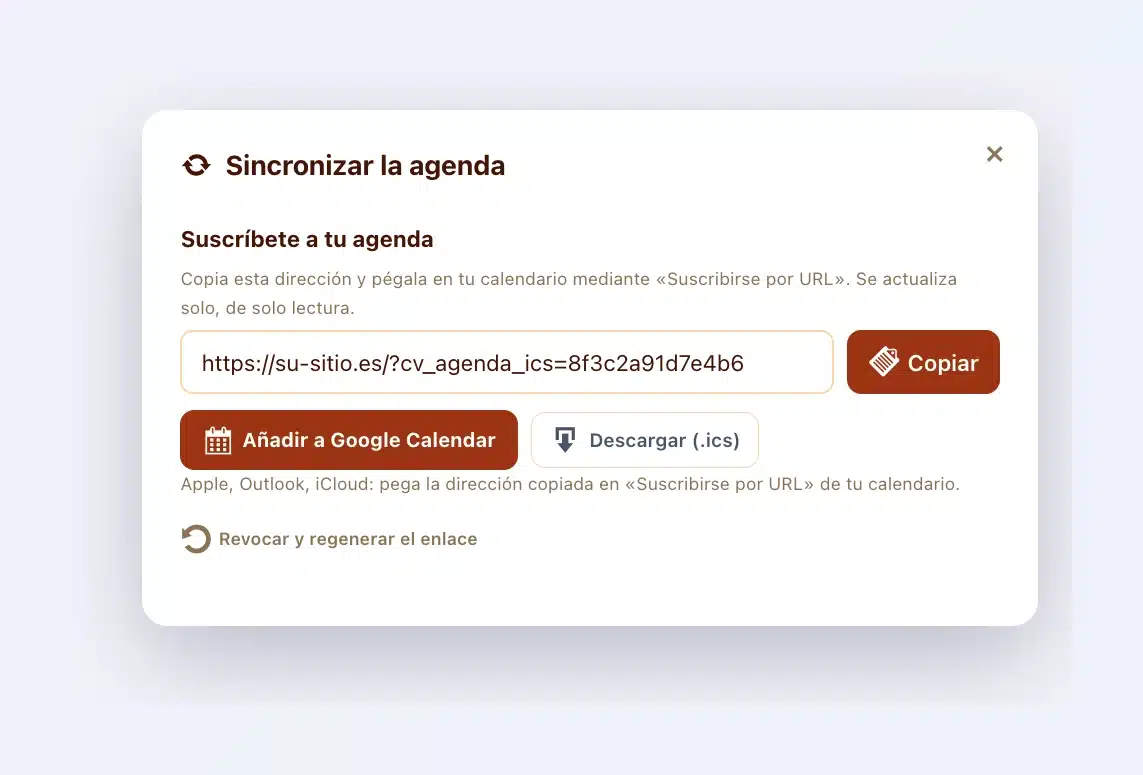 Ventana «Sincronizar la agenda» de la caja fuerte del cliente: dirección de suscripción, botones Copiar, Añadir a Google Calendar y Descargar (.ics)