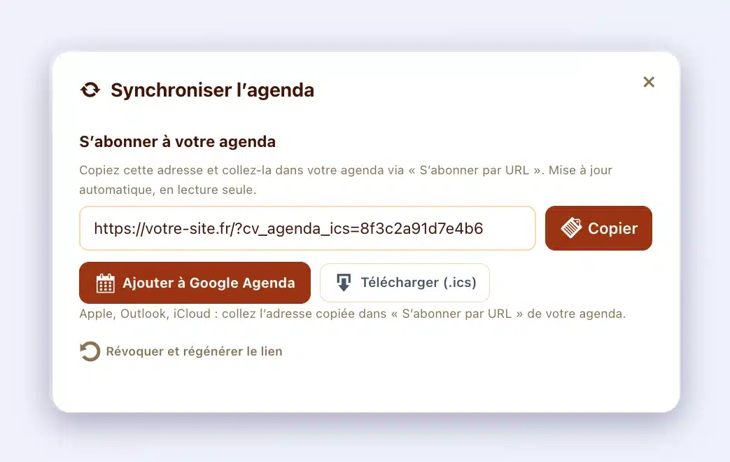 Fenêtre « Synchroniser l’agenda » du coffre-fort client : adresse d’abonnement, boutons Copier, Ajouter à Google Agenda et Télécharger (.ics)