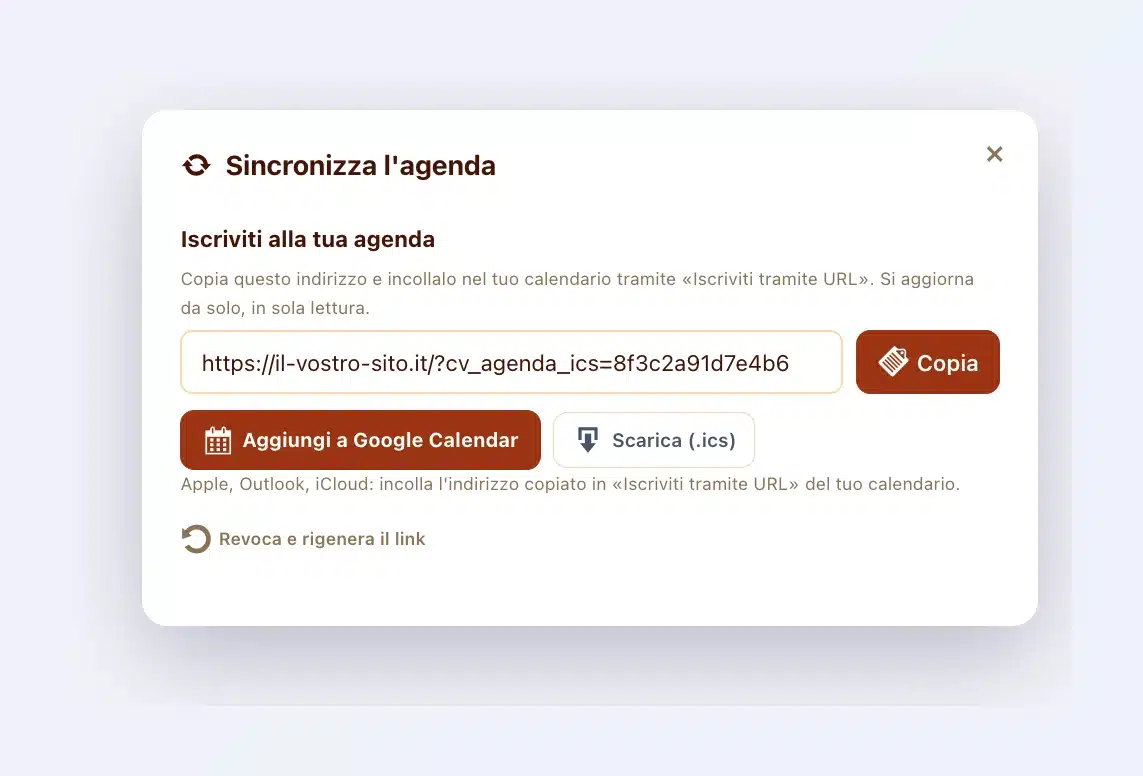 Finestra «Sincronizza l’agenda» della cassaforte digitale del cliente: indirizzo di abbonamento, pulsanti Copia, Aggiungi a Google Calendar e Scarica (.ics)