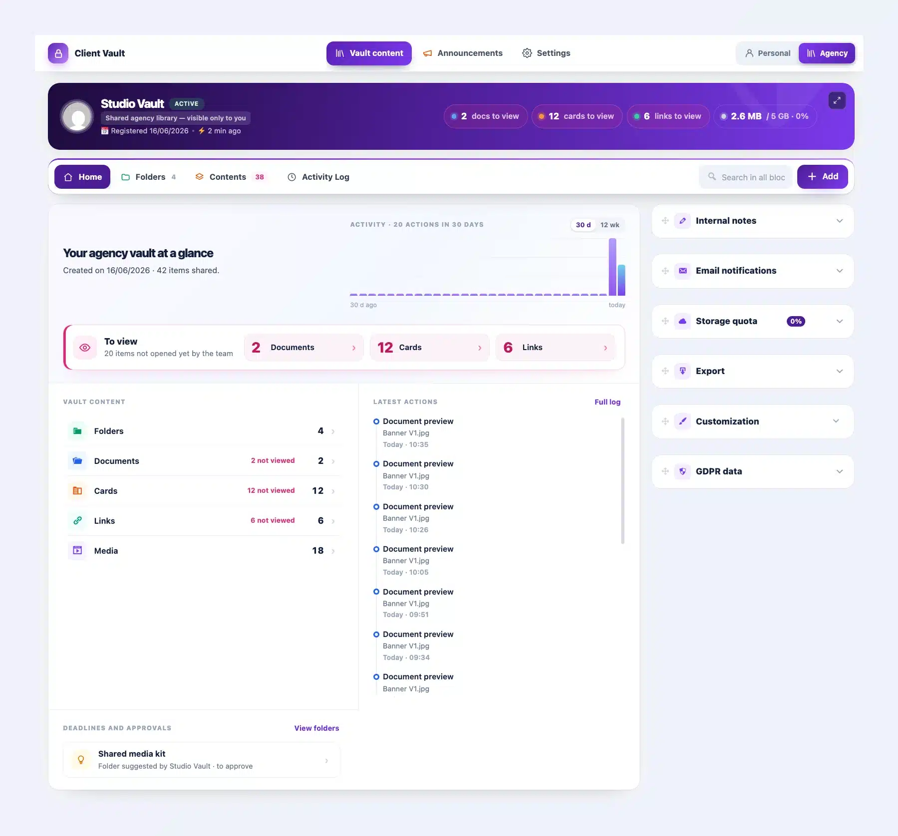Client Vault 20.37 agency vault in purple Agency mode: Studio Vault header, “Your agency vault at a glance” home, items for the team to view, vault content and latest actions
