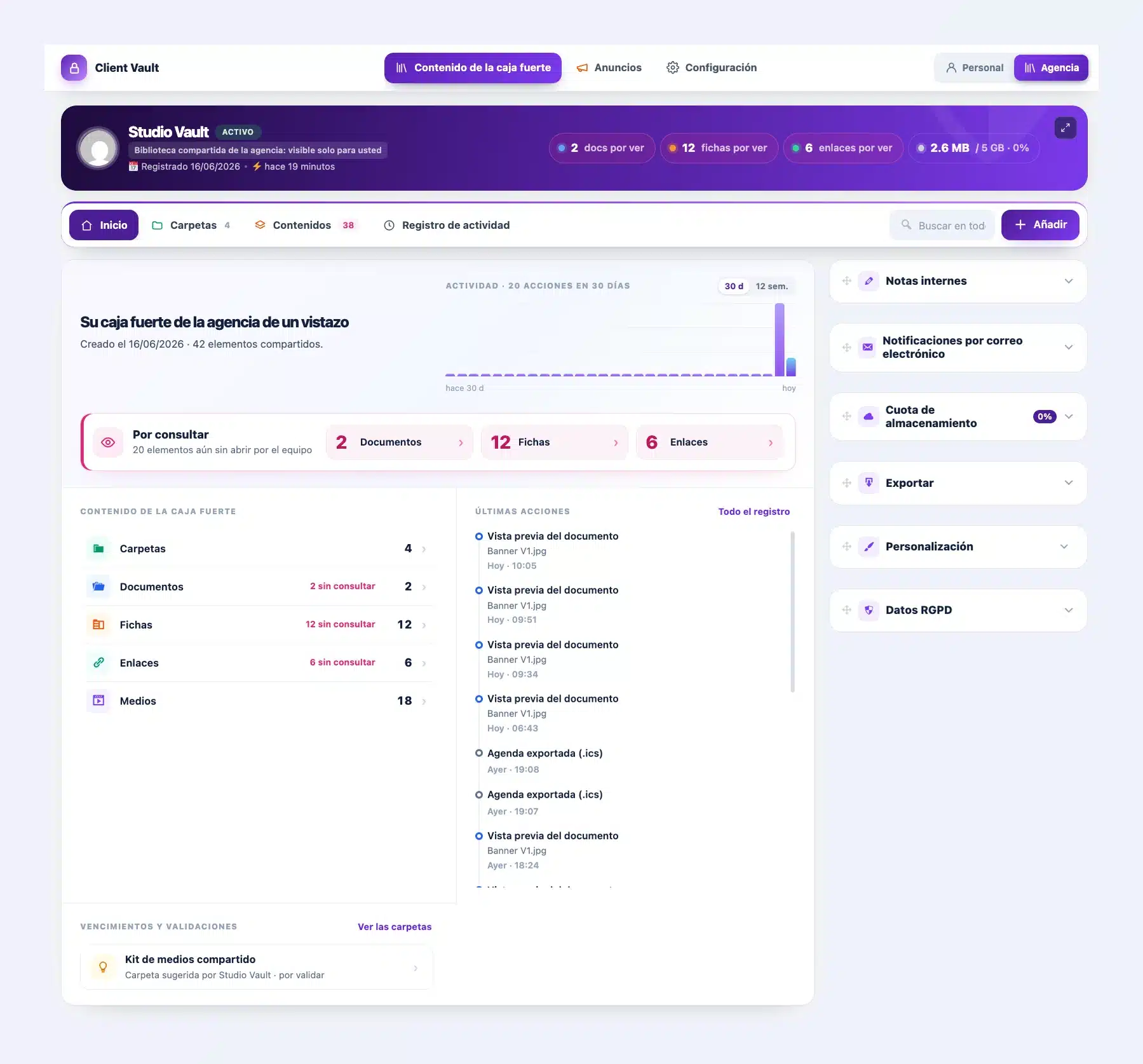 Caja fuerte de la agencia de Client Vault 20.37 en modo Agencia violeta: cabecera Studio Vault, inicio «Tu caja fuerte de la agencia de un vistazo», elementos por consultar por el equipo, contenido de la caja fuerte y últimas acciones