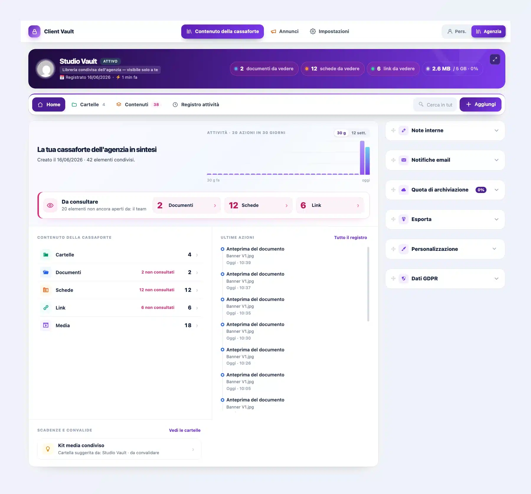 Cassaforte dell’agenzia di Client Vault 20.37 in modalità Agenzia viola: intestazione Studio Vault, home «La tua cassaforte dell’agenzia in sintesi», elementi da consultare per il team, contenuto della cassaforte e ultime azioni
