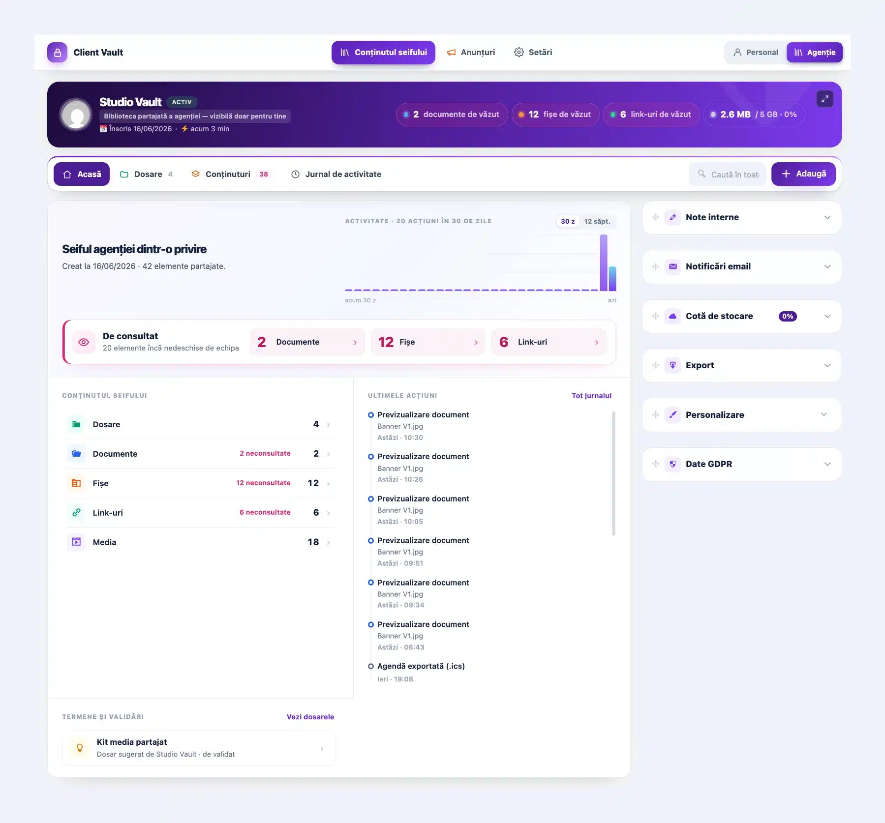 Seiful agenției în Client Vault 20.37, în modul Agenție violet: antetul Studio Vault, pagina de start „Seiful agenției dintr-o privire”, elementele de consultat de către echipă, conținutul seifului și ultimele acțiuni