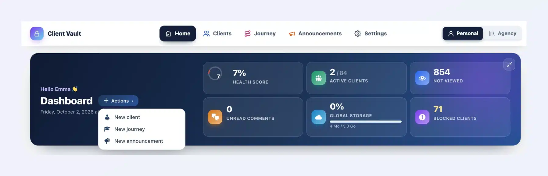 Client Vault 20.37 dashboard header: Hello Emma greeting, Actions menu open on New client, New journey and New announcement, and six clickable indicators