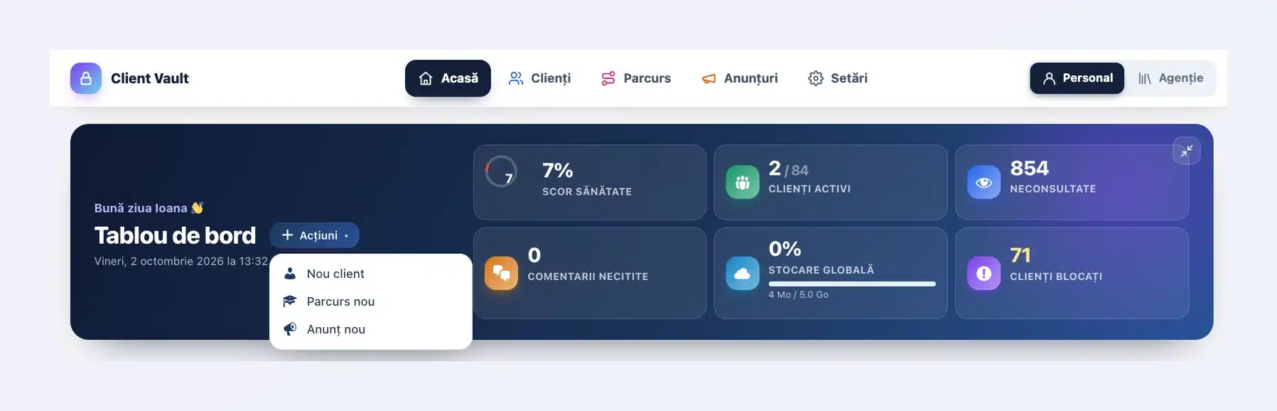 Antetul tabloului de bord Client Vault 20.37: salutul Bună ziua, Ioana, meniul Acțiuni deschis cu Nou client, Parcurs nou și Anunț nou, și șase indicatori clicabili