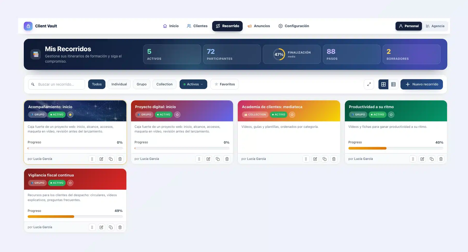 Página Mis recorridos de Client Vault 20.37: barra de navegación arriba, cabecera con las cifras clave, filtros y tarjetas de colores de los recorridos con su progreso