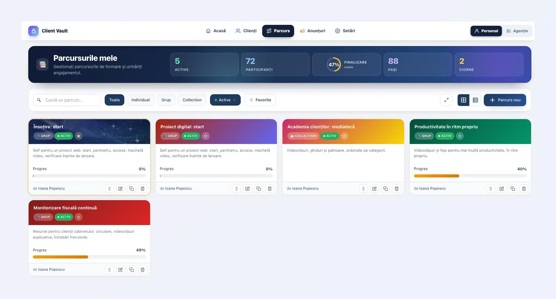 Pagina Parcursurile mele din Client Vault 20.37: bara de navigare sus, antet cu cifrele cheie, filtre și cardurile colorate ale parcursurilor cu progresul lor