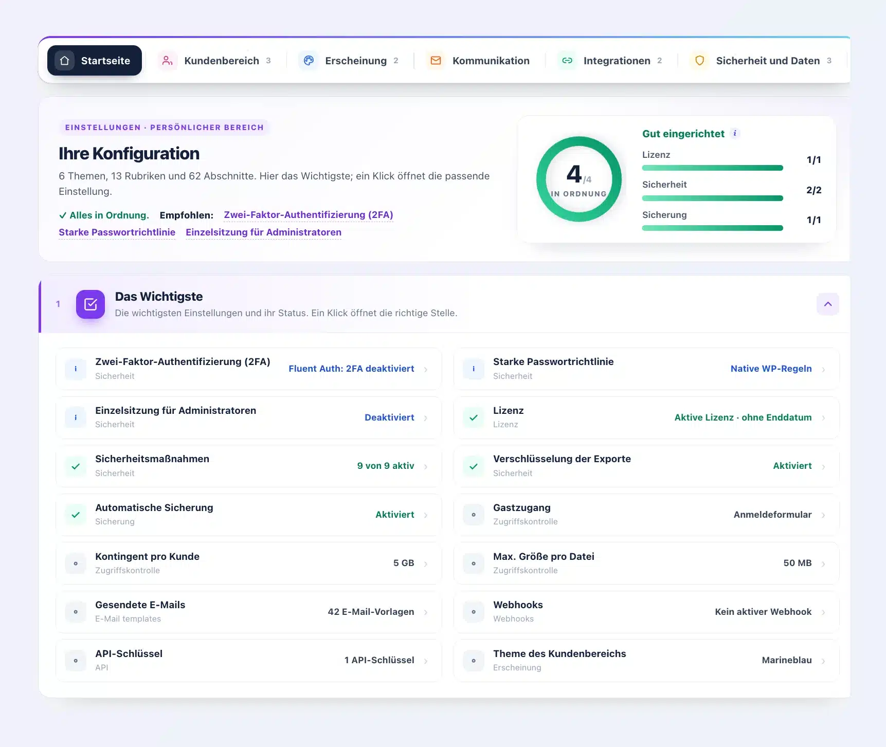 Startseite der Einstellungen von Client Vault 20.37: Leiste mit den sechs Themen, Konfigurationswert 4 von 4 mit Lizenz, Sicherheit und Sicherung, und Liste „Das Wichtigste“ mit dem Status jeder Einstellung