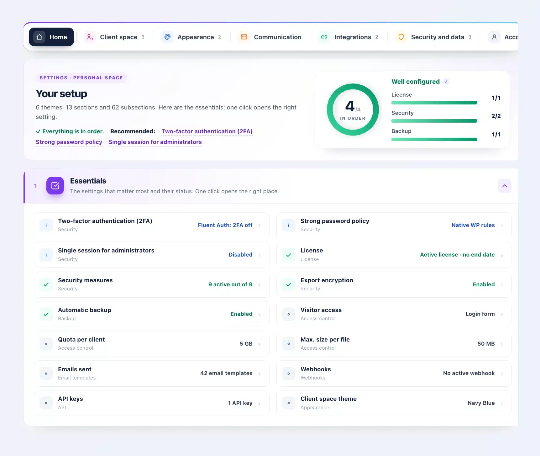 Client Vault 20.37 settings home: bar with the six themes, setup score of 4 out of 4 with License, Security and Backup, and “Essentials” list with the status of each setting